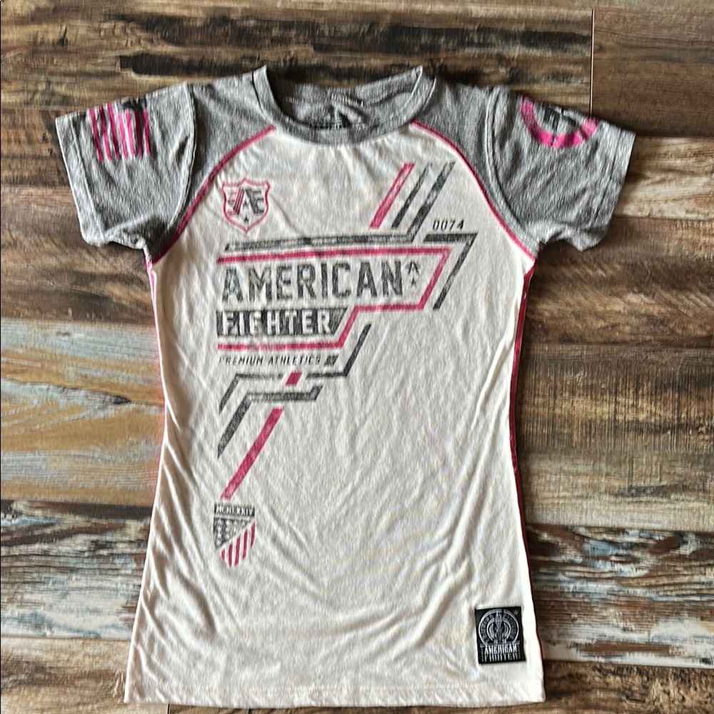 American Fighter  Gray and White Graphic Tee